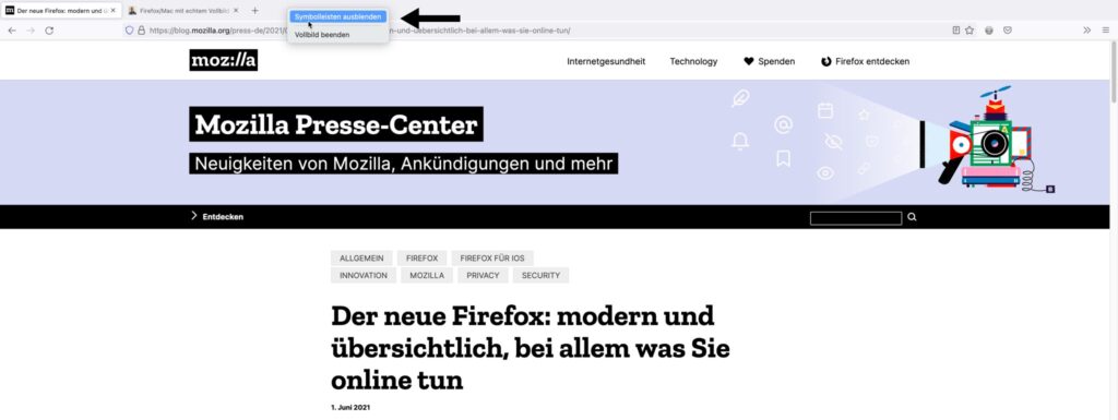 Firefox unter macOS mit echtem Vollbild