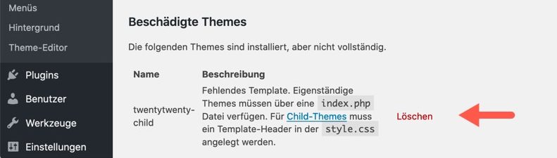 Fehlermeldung: Child-Theme ohne Template-Header