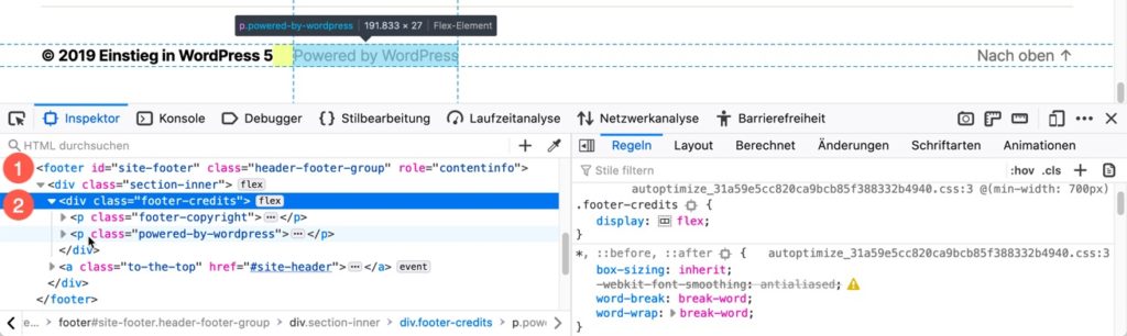 Child-Theme: Site-Footer im Entwicklertool des Firefox