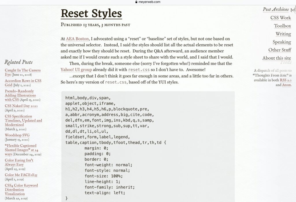 Der klassische CSS-Reset von Erik Meyer.