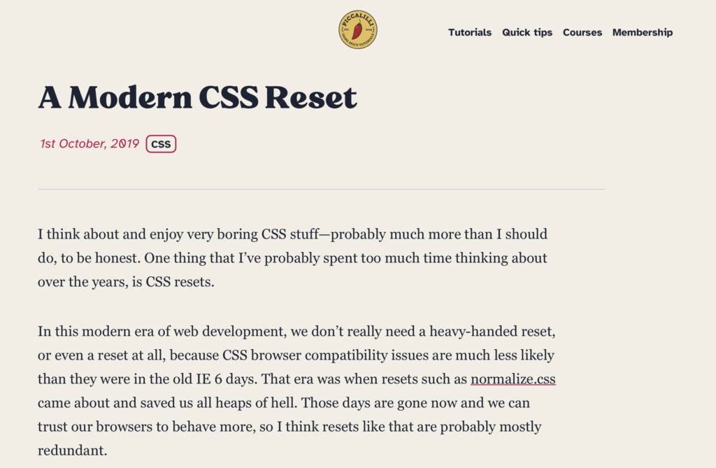 Screenshot von Andy Bells Blogbeitrag A Modern CSS Reset