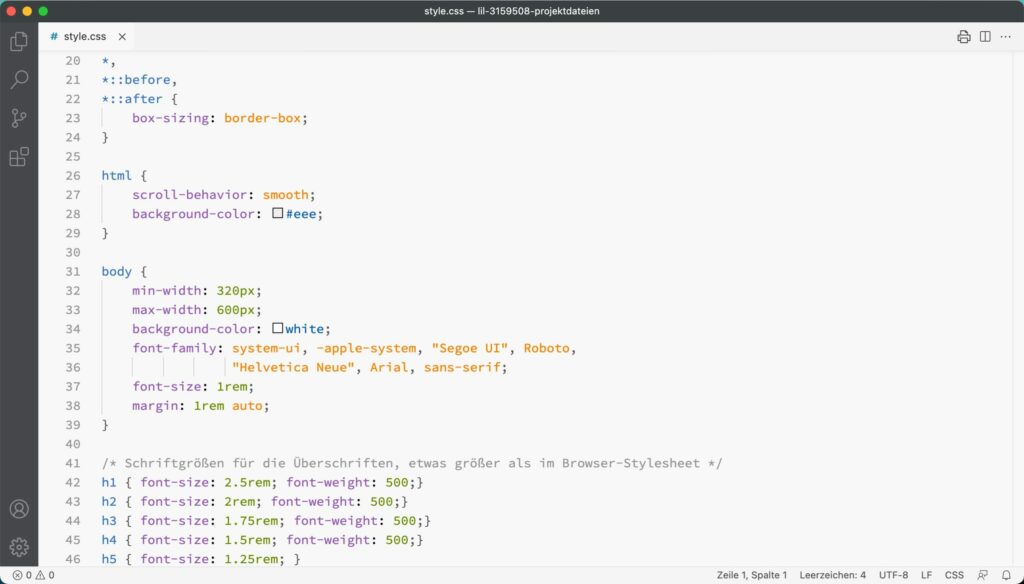 Eine CSS-Datei in Visual Studio Code mit dem Farbschema von Brackets