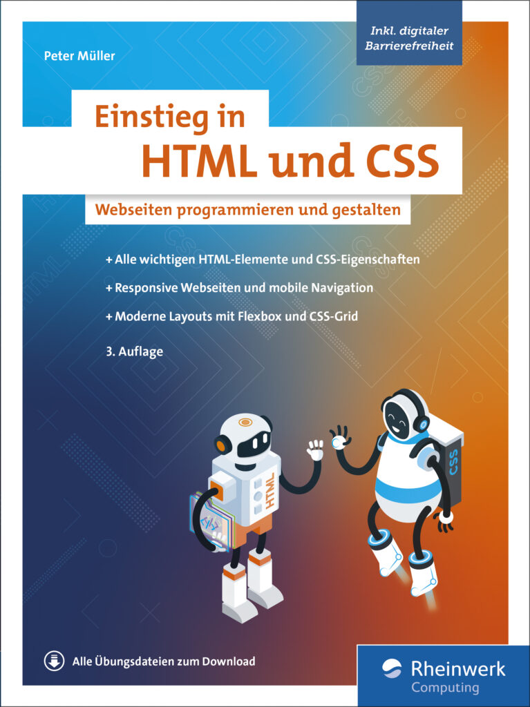 Cover von Einstieg in HTML und CSS. Zwei Robots namens HTML und CSS begrüßen sich freundlich und geben High Five. 