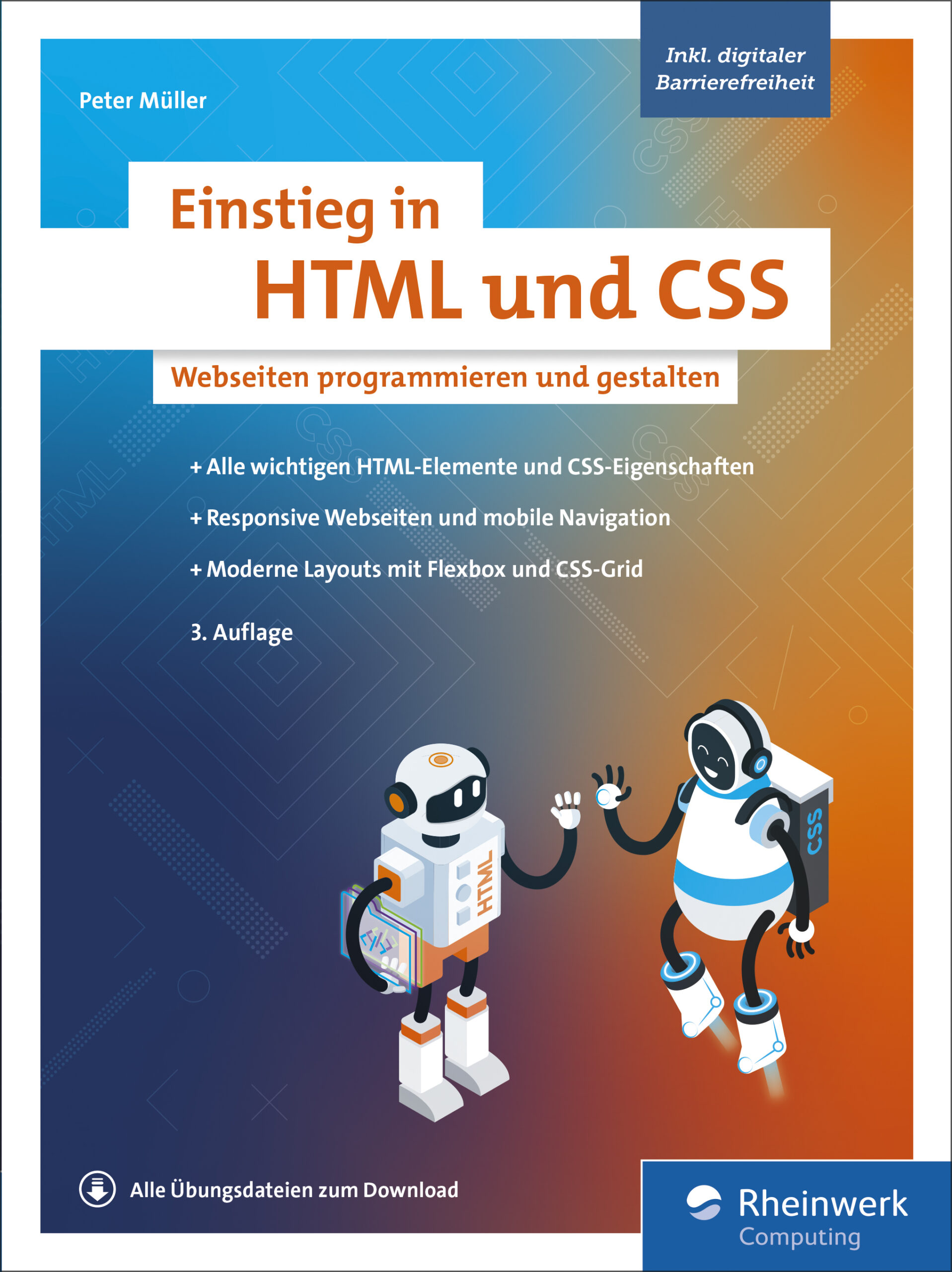 Cover von Einstieg in HTML und CSS. Zwei Robots namens HTML und CSS begrüßen sich freundlich und geben High Five.