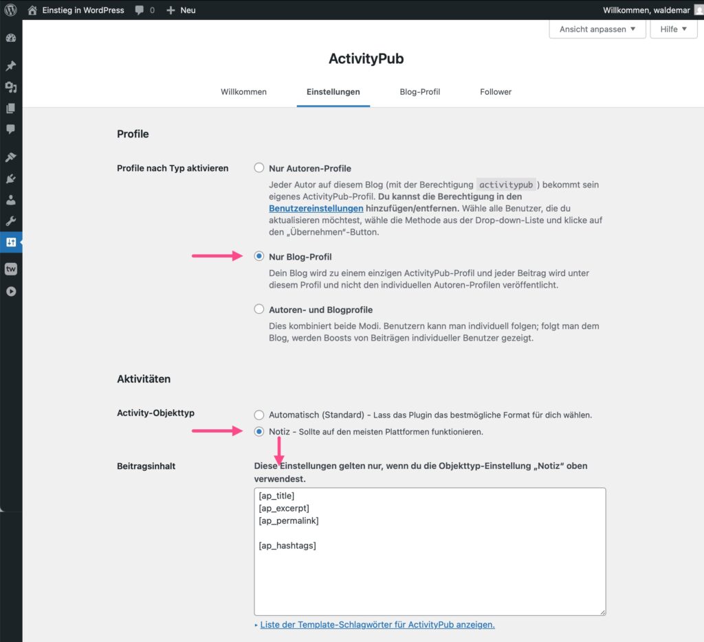 ActivityPub - Einstellunge