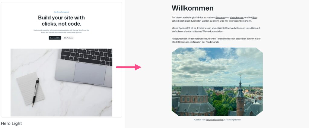Das Pattern Hero Light von Ollie und der Abschnitt auf der Startseite