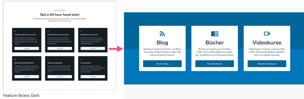 Das Pattern Feature Boxes Dark von Ollie und der Abschnitt auf der Startseite