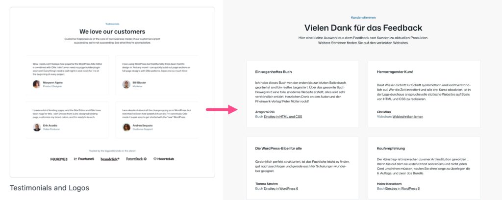 Das Pattern Testimonials and Logos von Ollie und der Abschnitt auf der Startseite