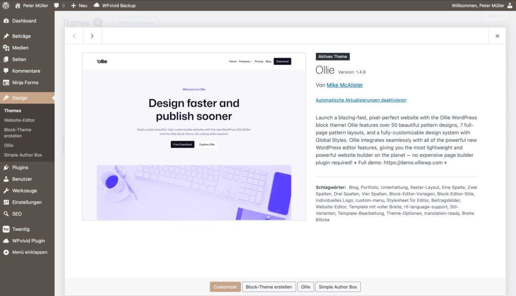 Theme Ollie im Backend installiert und aktiviert