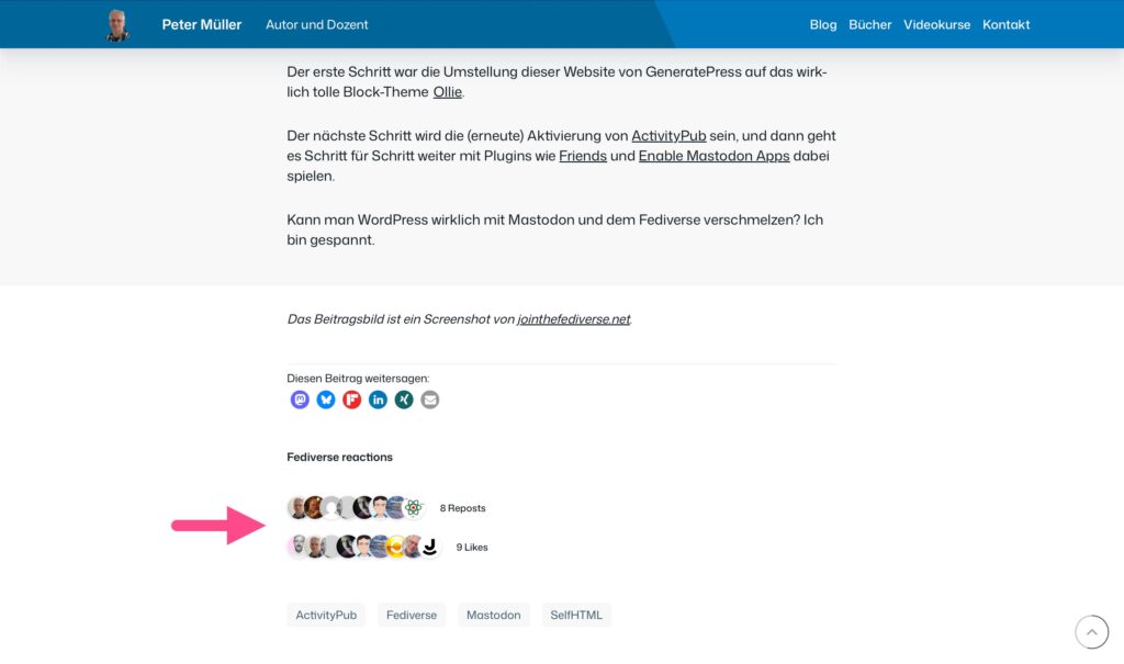 Fediverse reactions unter einem Beitrag im Blog 