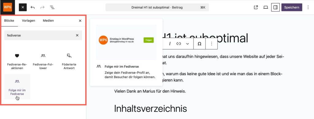 Block-Inserter mit den vier vom ActivityPub-Plugin bereit gestellten Blöcken 
