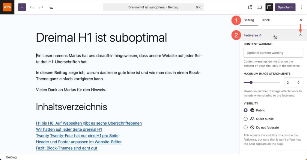 WordPress. Block-Editor. Seitenleiste Beitrag mit den Optionen für das Fediverse