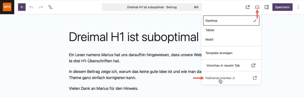 WordPress. Block-Editor. Option für Fedivers-Preview.