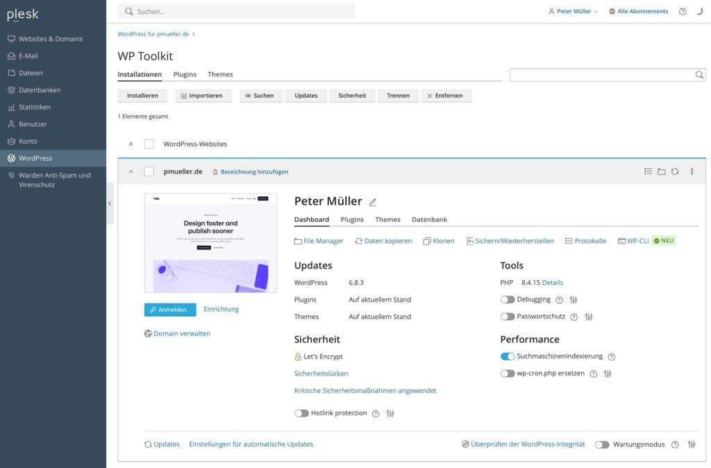WordPress Toolkit von Plesk für pmueller.de